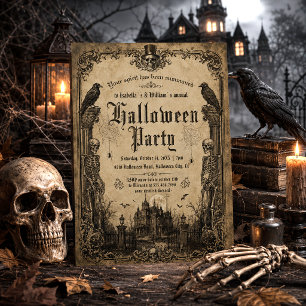 Spooky Skeletons Ravens Haunted House Halloween Invitation