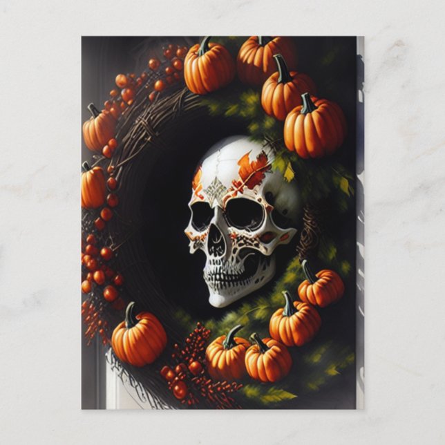 Spooky Skull and Pumpkin Wreath Holiday Postcard (Front)
