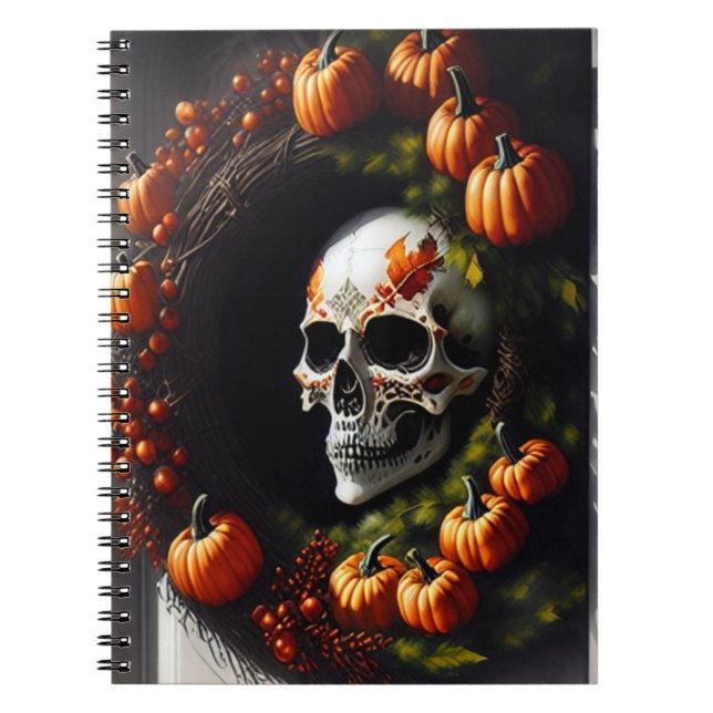 Spooky Skull and Pumpkin Wreath Notebook (Front)