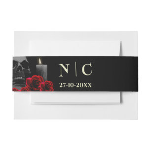 Spooky Skull and Red Roses Halloween Wedding Belly Invitation Belly Band
