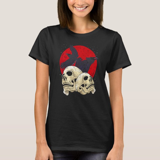 Spooky Skull Creepy Skeleton Head Crow Gothic Bird T-Shirt (Front)