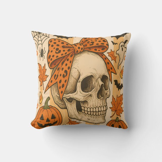 Spooky Skull Halloween Throw Pillow (Front)