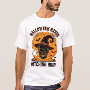 Spooky Skull Moon Vintage Halloween Witch Hat Desi T-Shirt