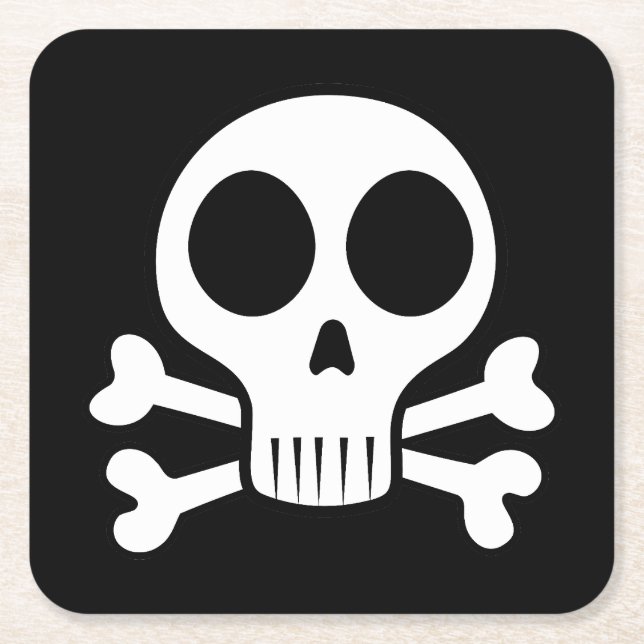 spooky skull on a black background square paper coaster (Front)