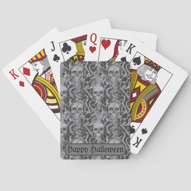 Spooky Skulls & Scrolls Grey Happy Halloween  Playing Cards (Back)
