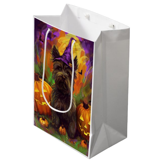 Spooky Skye Terrier Dog Halloween Witch Pumpkin Medium Gift Bag (Front Angled)