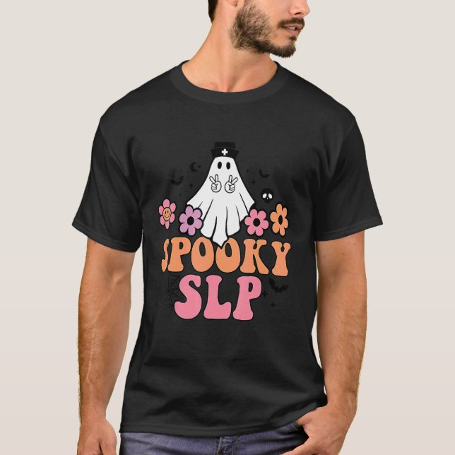 Spooky SLP Speech Language Pathologist Ghost Hallo T-Shirt (Front)