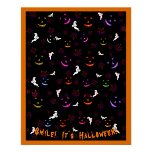 Spooky Smiles Neon Ghosts and Pumpkins Halloween Poster
