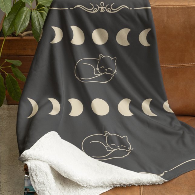 Spooky Snuggles Sherpa Blanket (Add a touch of spooky elegance to your space with cats and moon phases in champagne gold.)