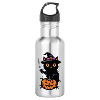 Spooky Sorcery: Black Cat on Pumpkin with Dagger 532 Ml Water Bottle