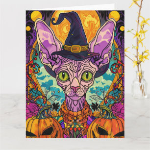 Spooky Sphynx Cat Halloween Witch And Pumpkin Card