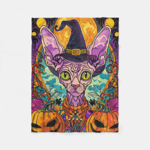 Spooky Sphynx Cat Halloween Witch And Pumpkin Fleece Blanket