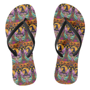 Spooky Sphynx Cat Halloween Witch And Pumpkin Flip Flops