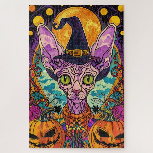 Spooky Sphynx Cat Halloween Witch And Pumpkin Jigsaw Puzzle (Vertical)