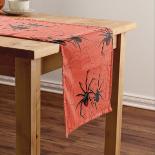 Spooky Spider and Web Orange Halloween  Short Table Runner