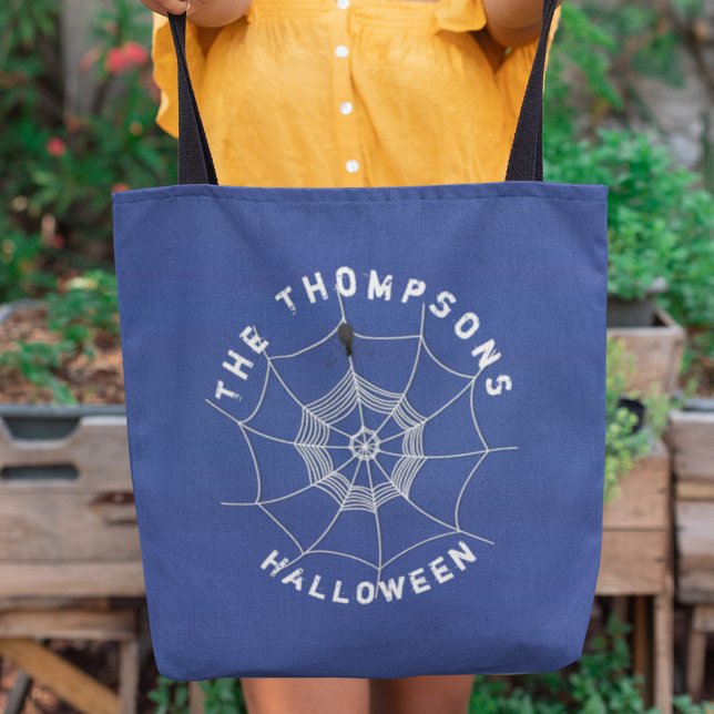 Spooky Spider in Spider Web Personalized Tote Bag (Spooky spider web Halloween tote bag with creepy spider design and personalized name.)
