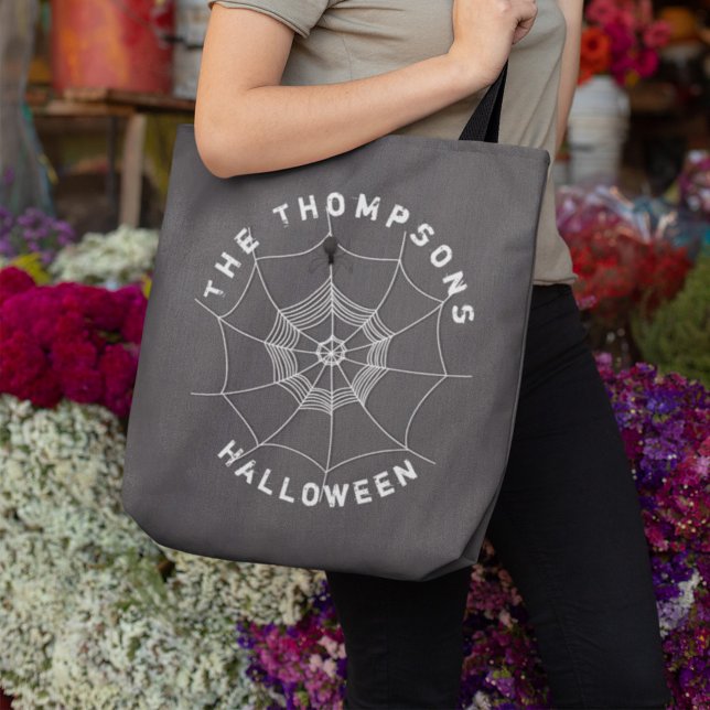 Spooky Spider in Spider Web Personalized Tote Bag (Personalized spider web Halloween tote bag with custom family name and spooky spider design.)