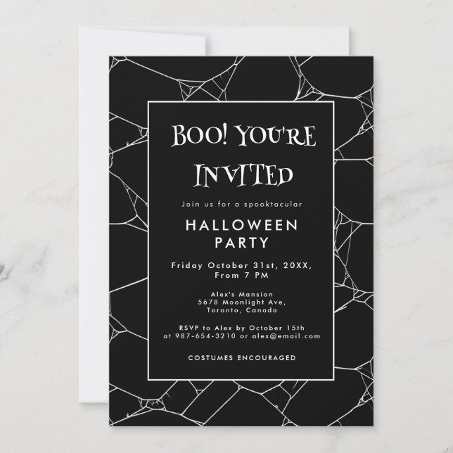 Spooky Spider Web Black & White Halloween Party  Invitation (Front)