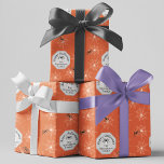 Spooky Spiders Orange Halloween Wrapping Paper<br><div class="desc">This Spooky Spiders Orange Halloween Wrapping Paper features hand-drawn illustrations by Nathalie Portet. White spiderwebs with black spiders on an orange background create a seamless Halloween pattern. A hexagon frame displays “Happy Halloween” and your personalized family name. Ideal for Halloween parties,  October birthdays,  and gothic-themed gifts.</div>