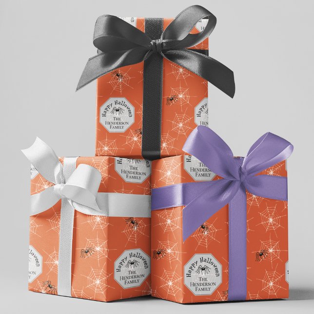 Spooky Spiders Orange Halloween Wrapping Paper (Custom Creepy Spiderwebs & Spiders on a Purple Background. Personalize with your Family Name.)