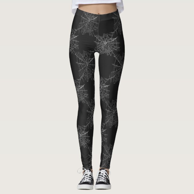 Spooky Spiderwebs on Black Background Leggings (Front)