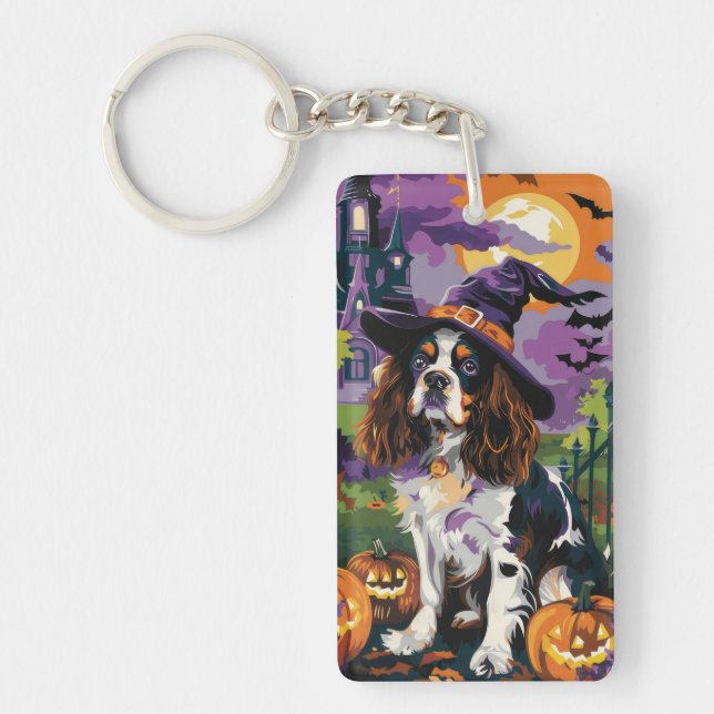 Spooky Springer Spaniel Halloween Witch Pumpkin  Keychain (Front)