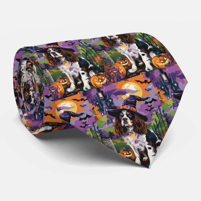 Spooky Springer Spaniel Halloween Witch Pumpkin  Tie (Rolled)