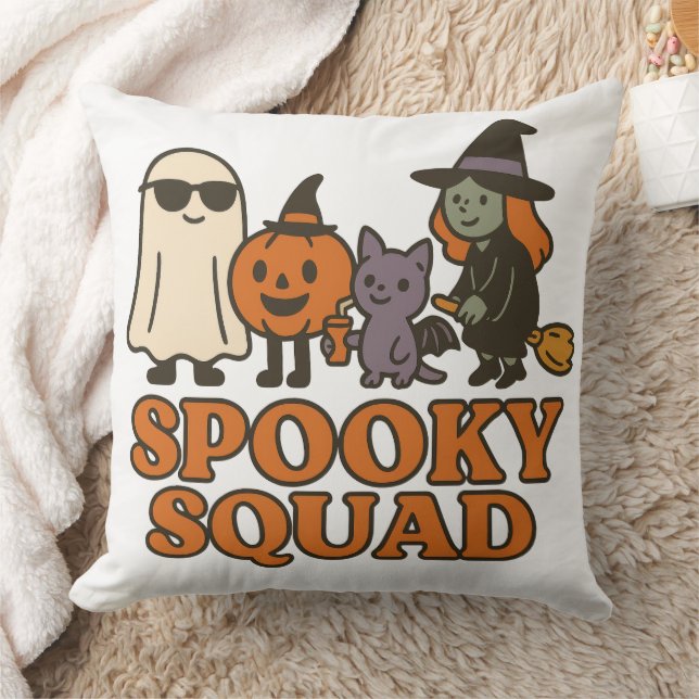 Spooky Squad Cute Witch Ghost Cat Pumpkin Throw Pillow (Blanket)