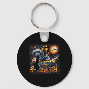 Spooky Starry Art Night Sky Art Black Cat Pumpkin Keychain