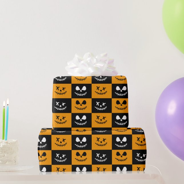 Spooky Stitch Face | Black and Orange Halloween Wrapping Paper (Party Gifts)