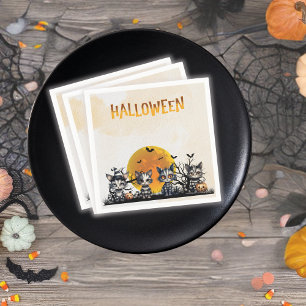 Spooky Striped Halloween Ghost Kittens Full Moon  Napkin