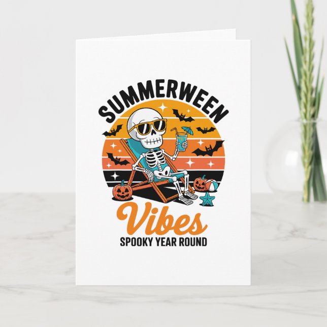Spooky Summer Beach Skeleton Funny Halloween Summe Card (Front)