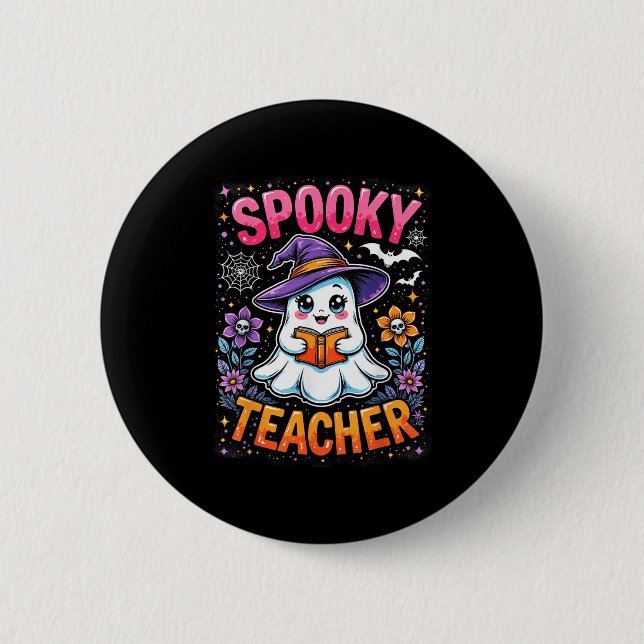 Spooky Teacher Cute Ghost Reading Book Funny Hallo 2 Inch Round Button (Front)