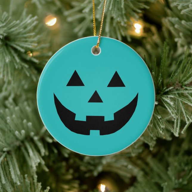 Spooky teal Jack o lantern pumpkin Halloween Ceramic Ornament (Tree)
