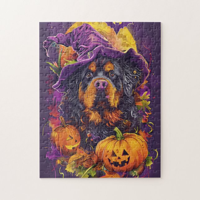 Spooky Tibetan Mastiff Dog Halloween Witch Pumpkin Jigsaw Puzzle (Vertical)