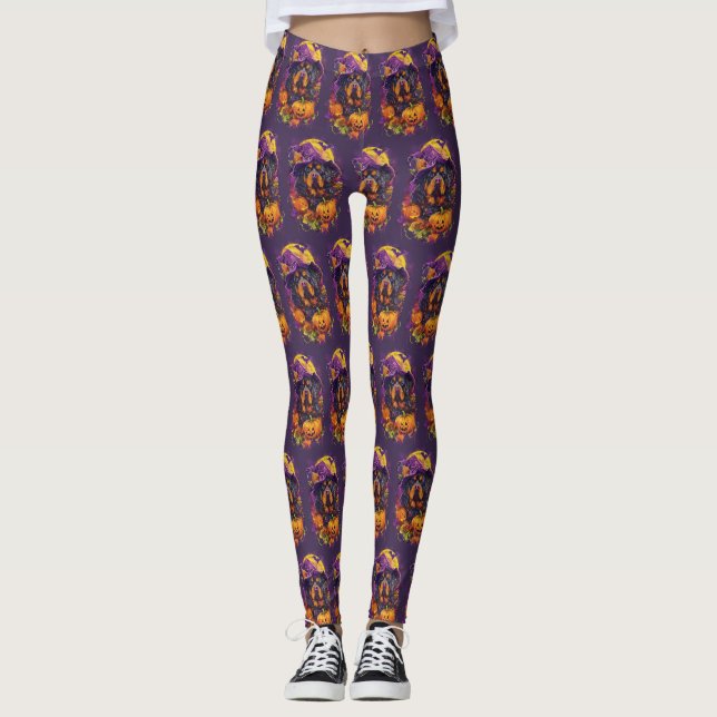 Spooky Tibetan Mastiff Dog Halloween Witch Pumpkin Leggings (Front)
