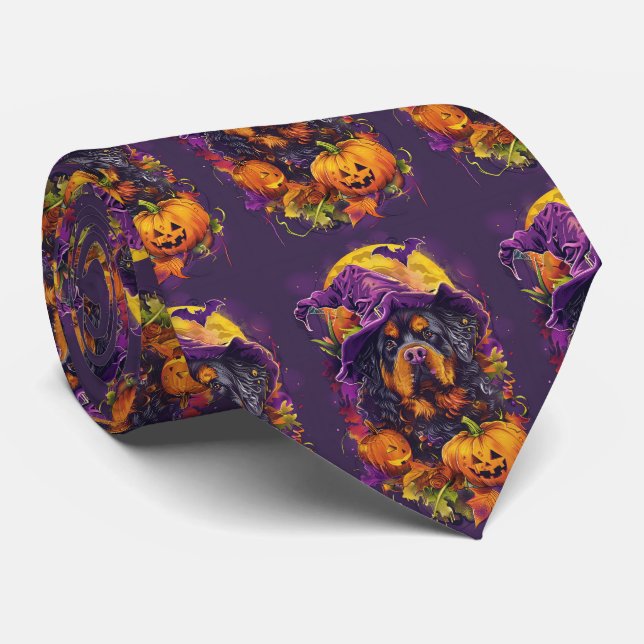 Spooky Tibetan Mastiff Dog Halloween Witch Pumpkin Tie (Rolled)