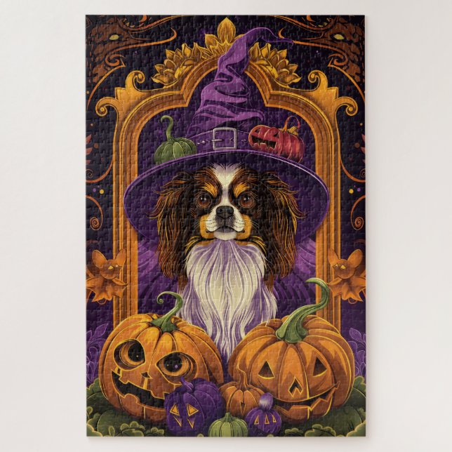 Spooky Tibetan Spaniel Dog Halloween Witch Pumpkin Jigsaw Puzzle (Vertical)