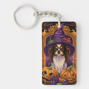 Spooky Tibetan Spaniel Dog Halloween Witch Pumpkin Keychain