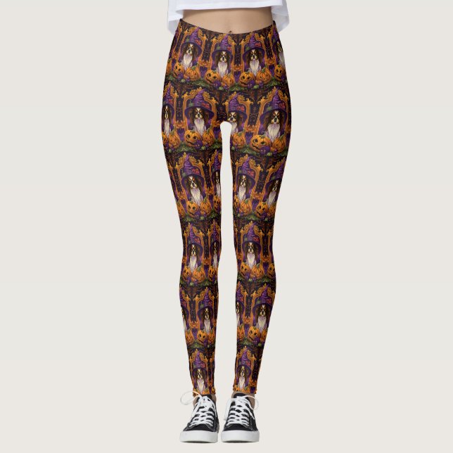 Spooky Tibetan Spaniel Dog Halloween Witch Pumpkin Leggings (Front)