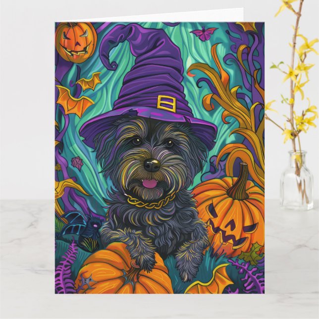 Spooky Tibetan Terrier Dog Halloween Witch Pumpkin Card (Yellow Flower)