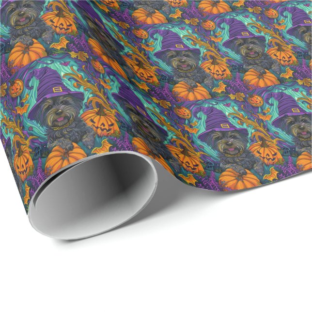 Spooky Tibetan Terrier Dog Halloween Witch Pumpkin Wrapping Paper (Roll Corner)