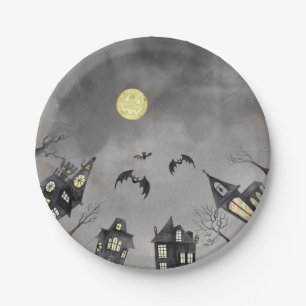 Spooky town watercolour Halloween  Paper Plate