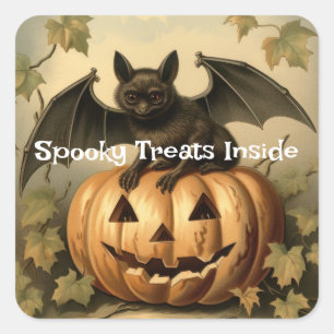 Spooky Treats Inside - Bat and Pumpkin Halloween Square Sticker