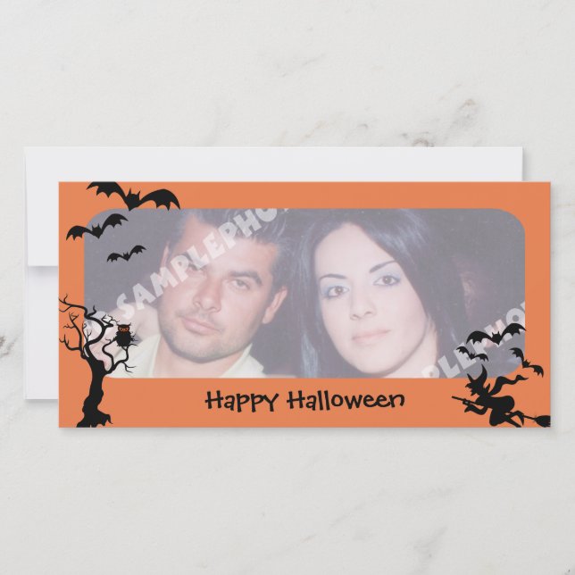 Spooky Tree, Bats and Witch Halloween Photo Cards (Front)