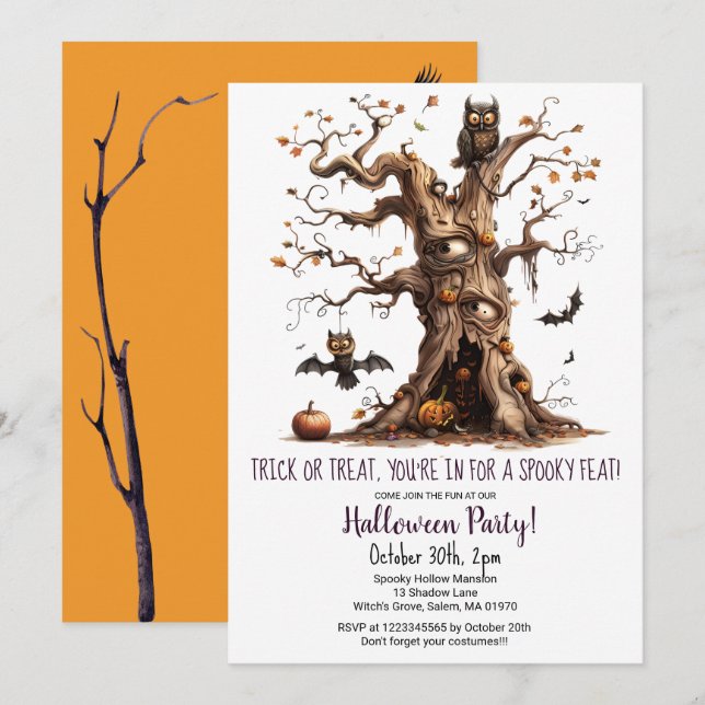 Spooky Tree Owl Bats Pumpkins Halloween Party  Invitation (Front/Back)