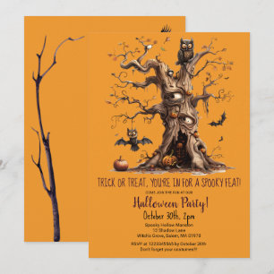Spooky Tree Owl Bats Pumpkins Halloween Party Invitation
