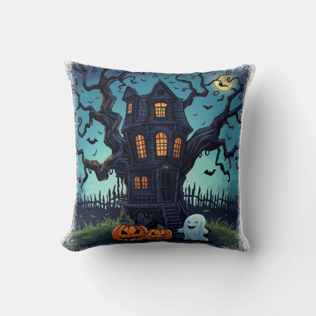 Spooky Treehouse Kids Halloween Throw Pillow (Front)