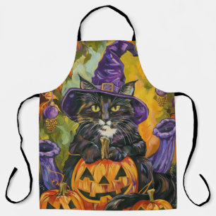 Spooky Tuxedo Cat Halloween Witch And Pumpkin Apron
