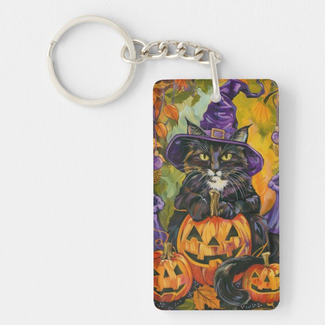 Spooky Tuxedo Cat Halloween Witch And Pumpkin Keychain (Front)